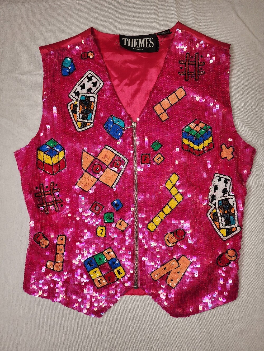 Theme Womens Hot Pink Sequin Vest with Colorful Game Motif Appliqués, Size M